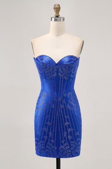 Strapless Royal Blue Beaded Bodycon Short Homecoming Dress